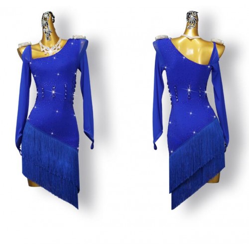 Women Royal Blue Fringe Latin dance competition Dresses professional salsa rumba chacha dance stage performance suit with gemstones slant neck irregular tassel skirts